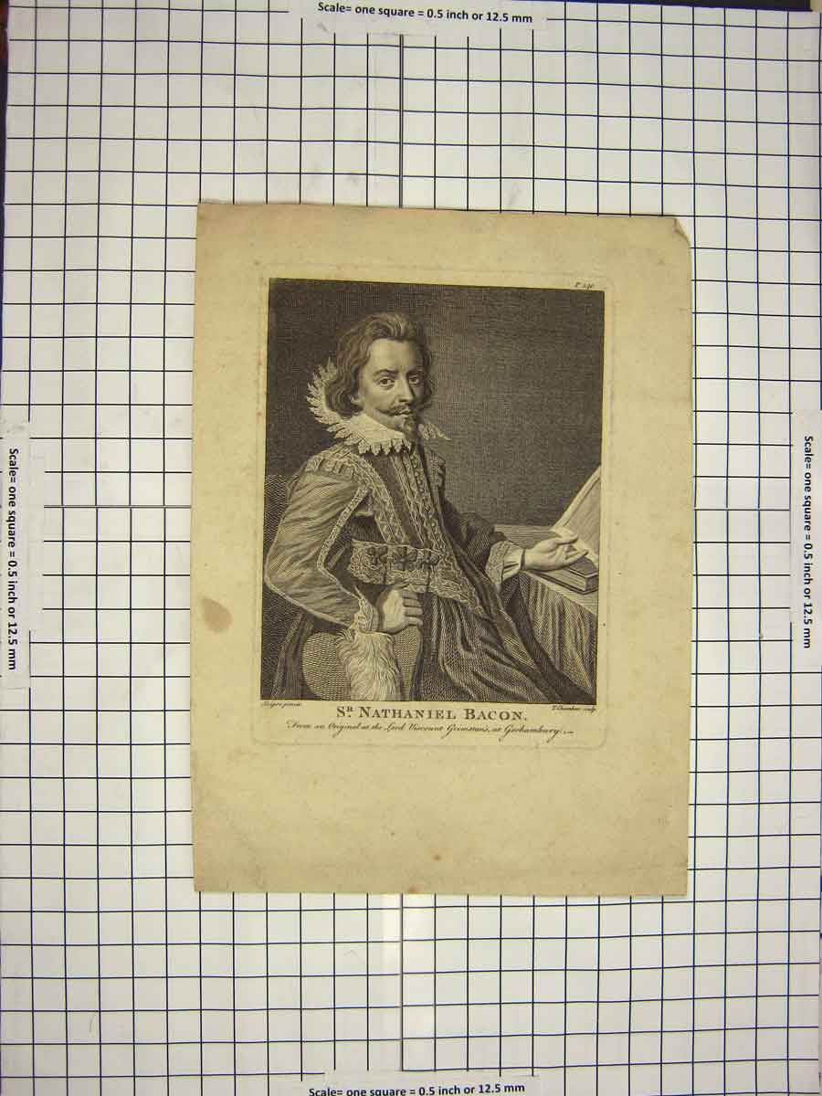 Original Old Antique Print C1790-C1900 Portrait Sir Nathaniel Bacon 18th