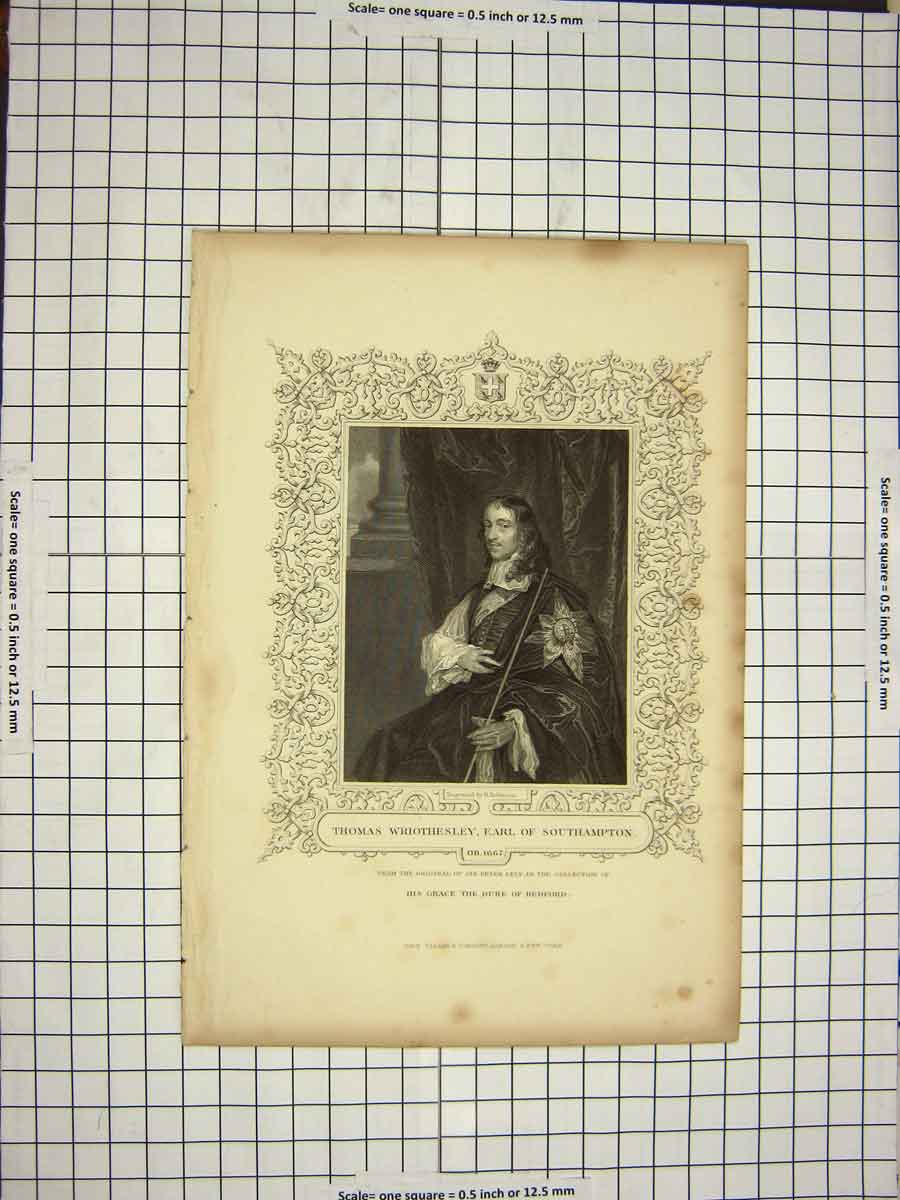 Original Old Antique Print C1790-C1900 Portrait Thomas Wriothesley Southampton