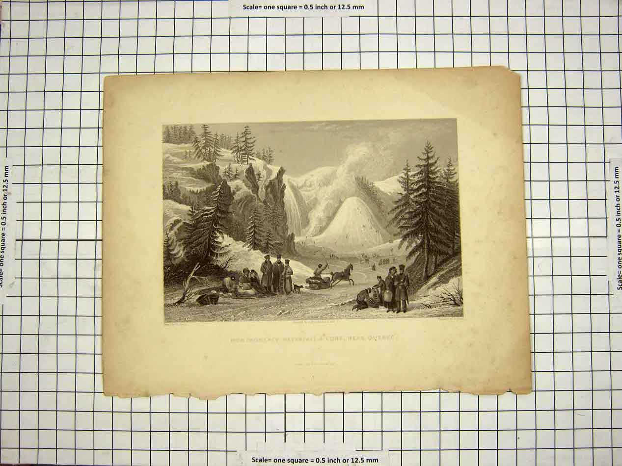 Original Old Antique Print 1844 Montmorency Waterfall Cone Quebec Canada 19th