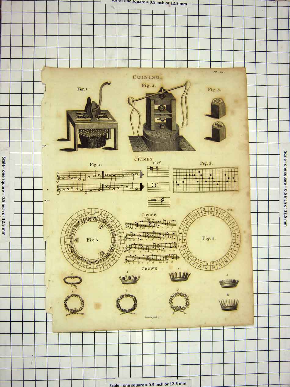 Original Old Antique Print C1800 Encyclopaedia Britannica Coining Chimes Notes