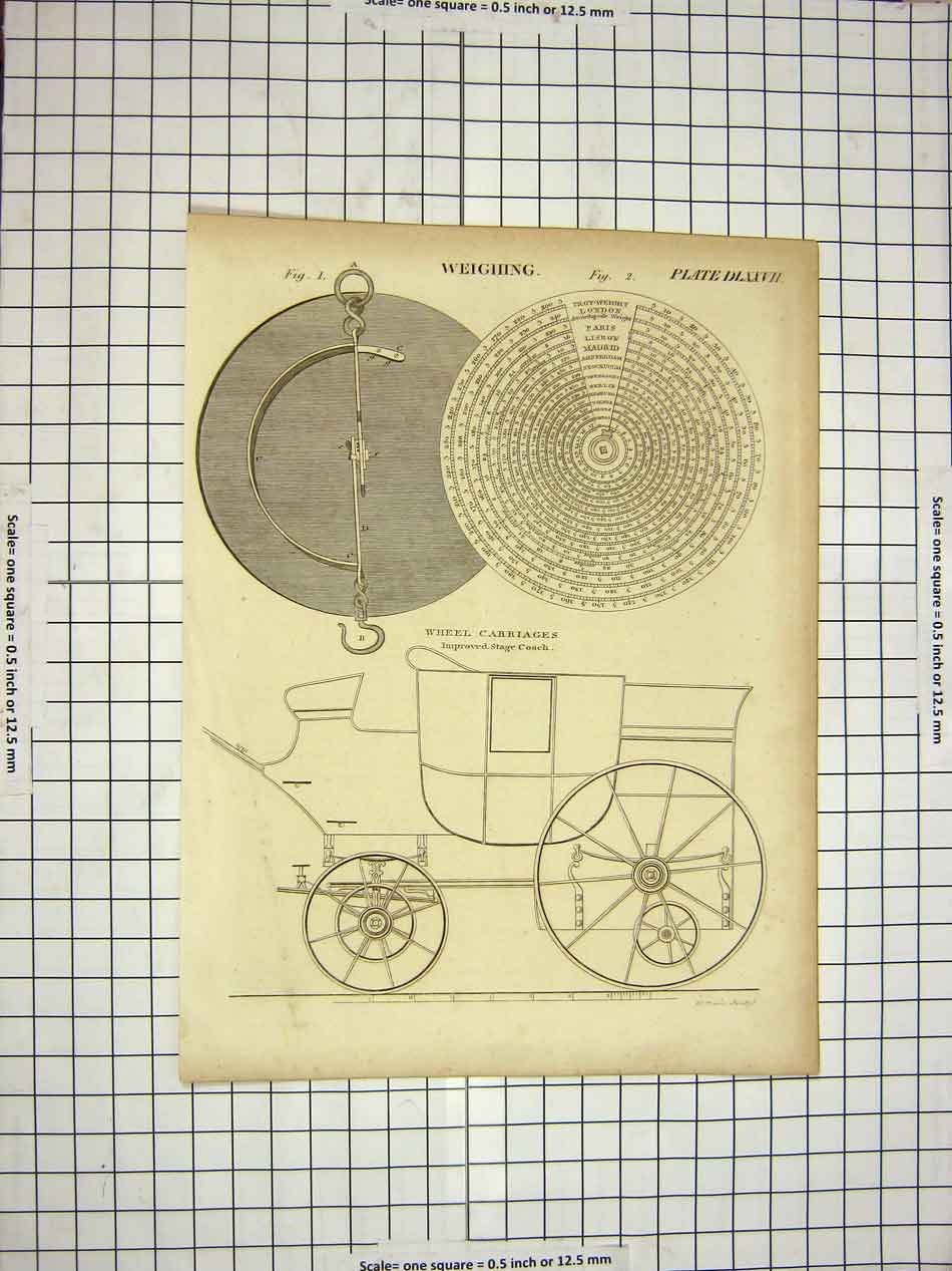 Old Antique Print C1800 Encyclopaedia Britannica Weighing Wheel Carriages 19th