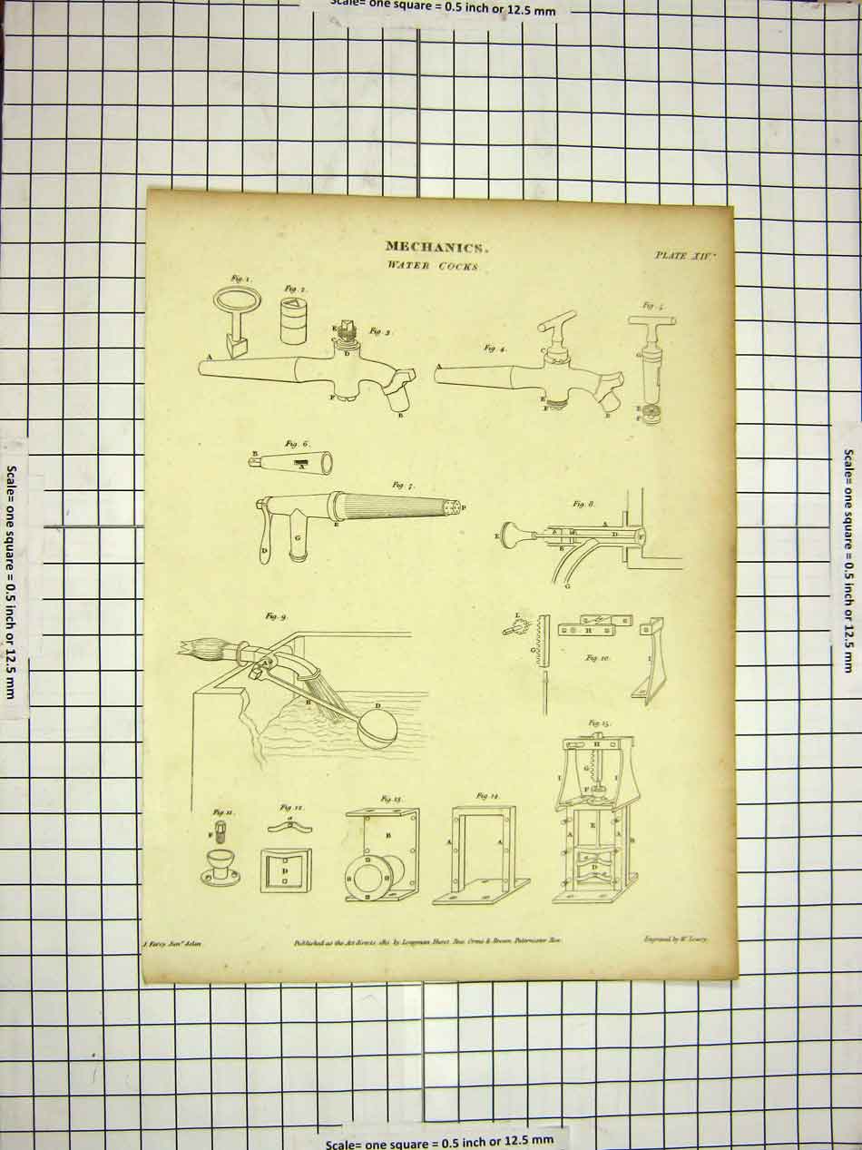 Original Old Antique Print 1811 Mechanics Water Cocks Encyclopaedia Britannica