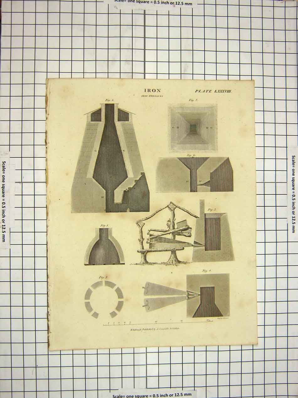 Original Old Antique Print 1820 Iron Furnaces Encyclopaedia Britannica Drawing
