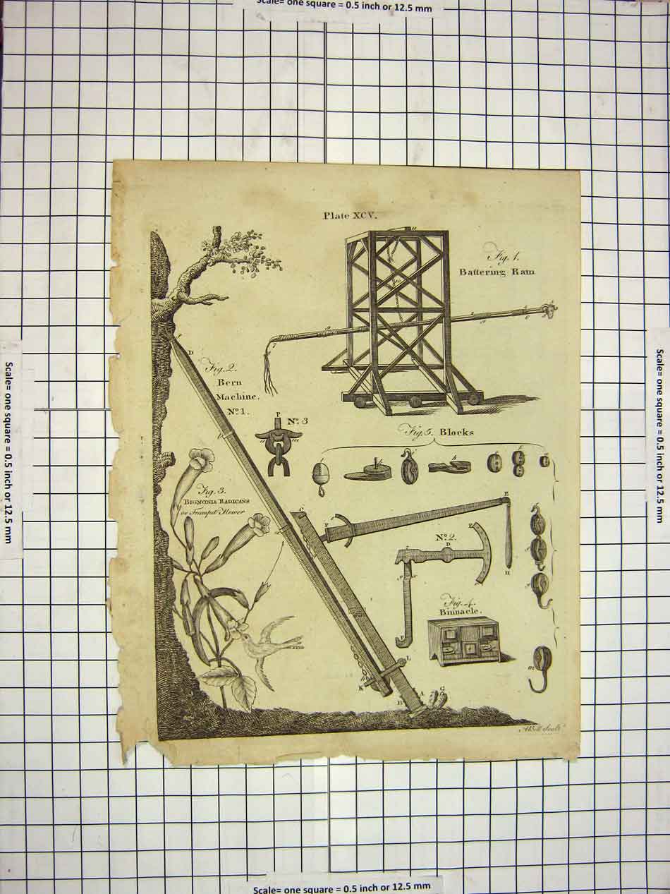 Old Antique Print C1800 Encyclopaedia Britannica Battering Rams Binnacle 19th