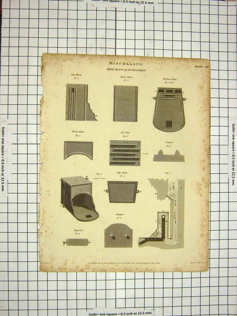 Original Old Antique Print Fire Place Franklin 1814 Encyclopaedia Britannica
