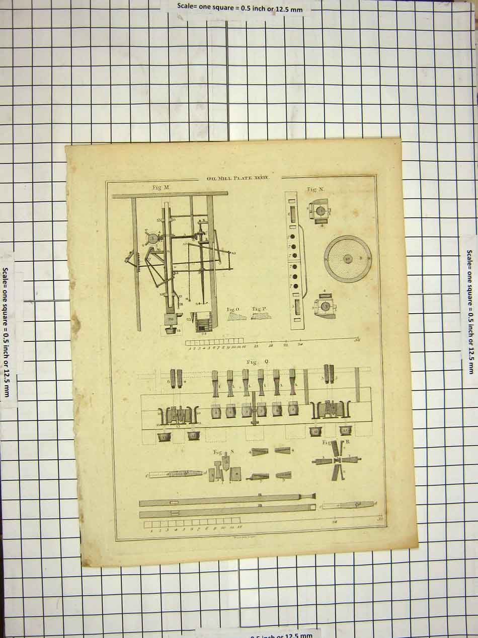 Antique Old Print Ref.571 C1800 Encyclopaedia Britannica Oil Mill Instruments