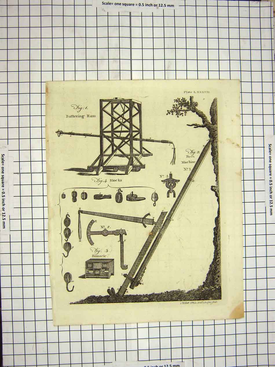 Old Antique Print C1800 Encyclopaedia Britannica Battering Ram Binnacle 19th