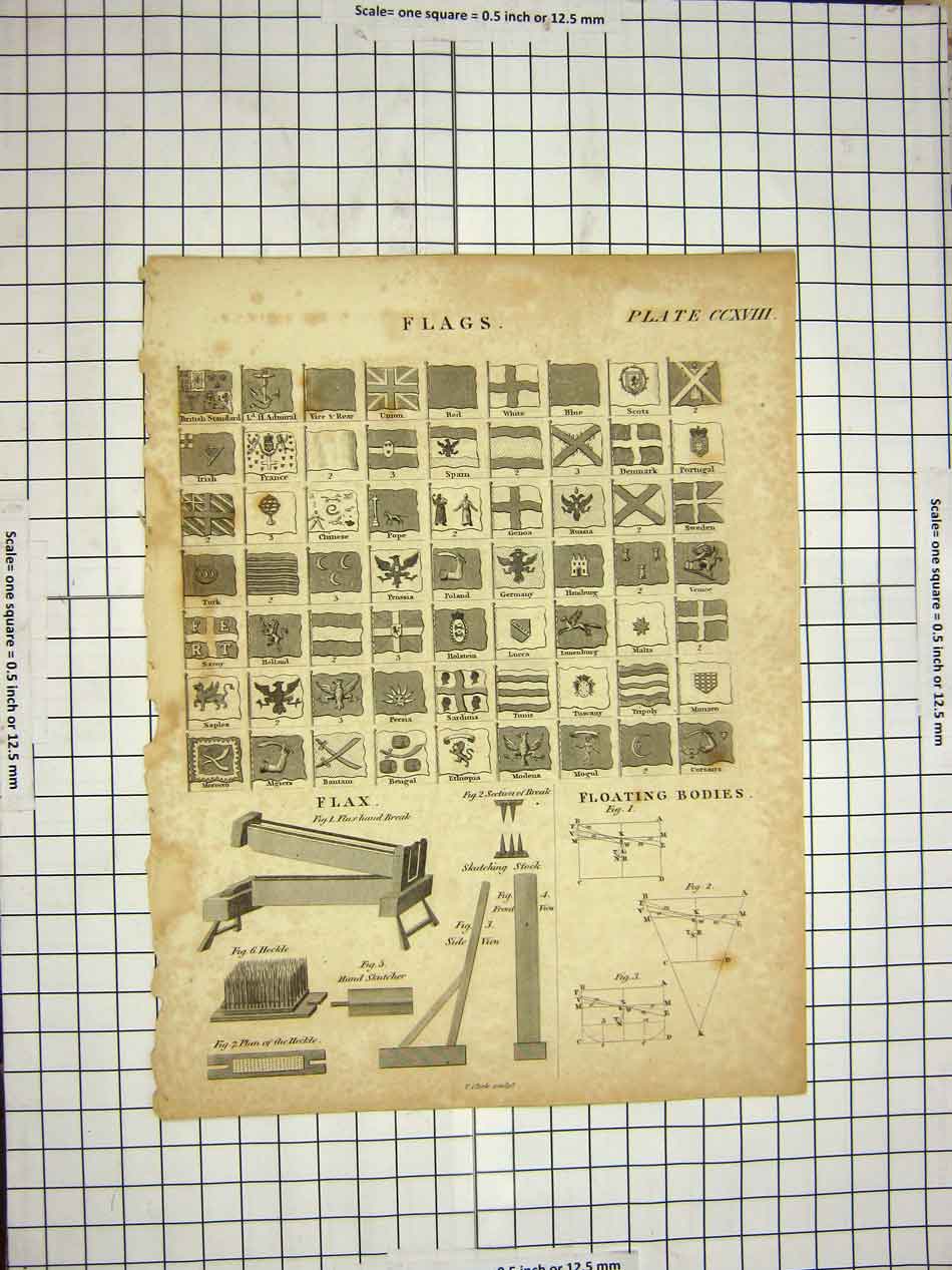 Original Old Antique Print C1800 Encyclopaedia Britannica Flags Flax Diagrams