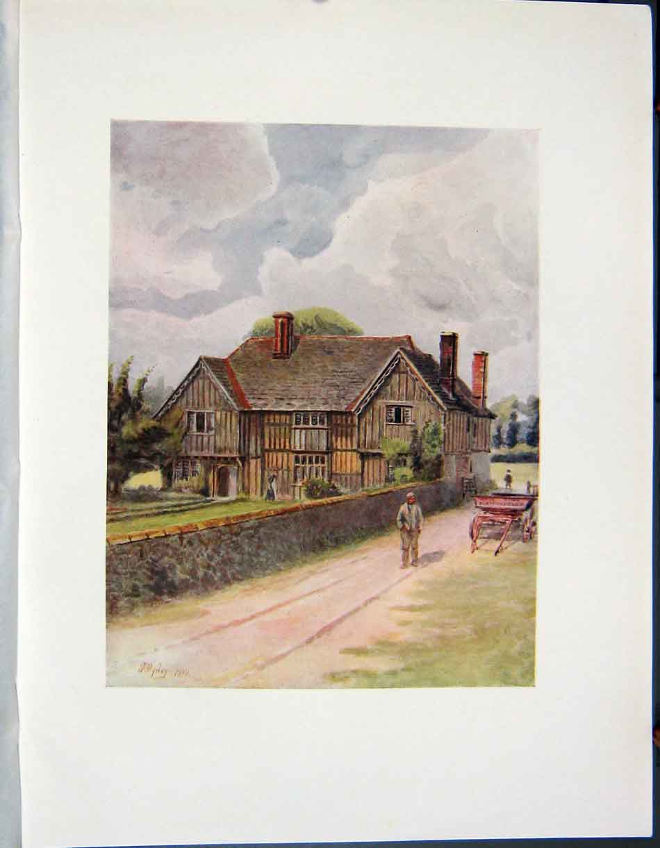 Original Old Antique Print 1912 Court Lodge Farm Brewer Street Colour 20th