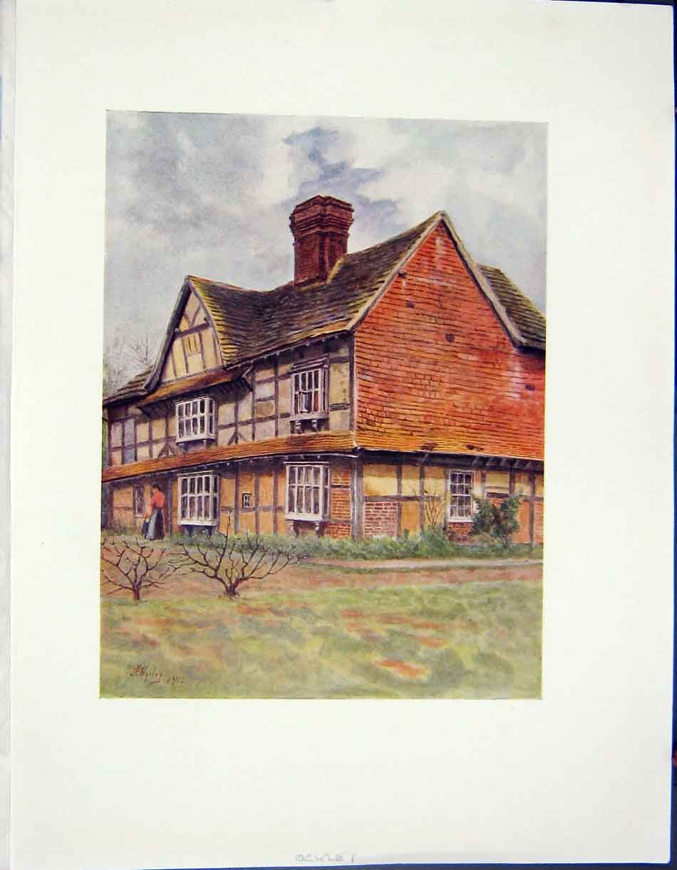 Original Old Antique Print 1912 Colour Volven'S Farm House Ockley 20th Century