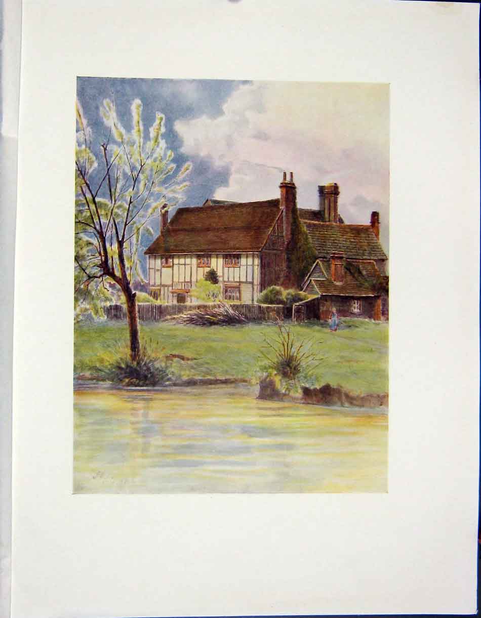 Original Old Antique Print 1912 Colour Place Newdigate England 20th Century