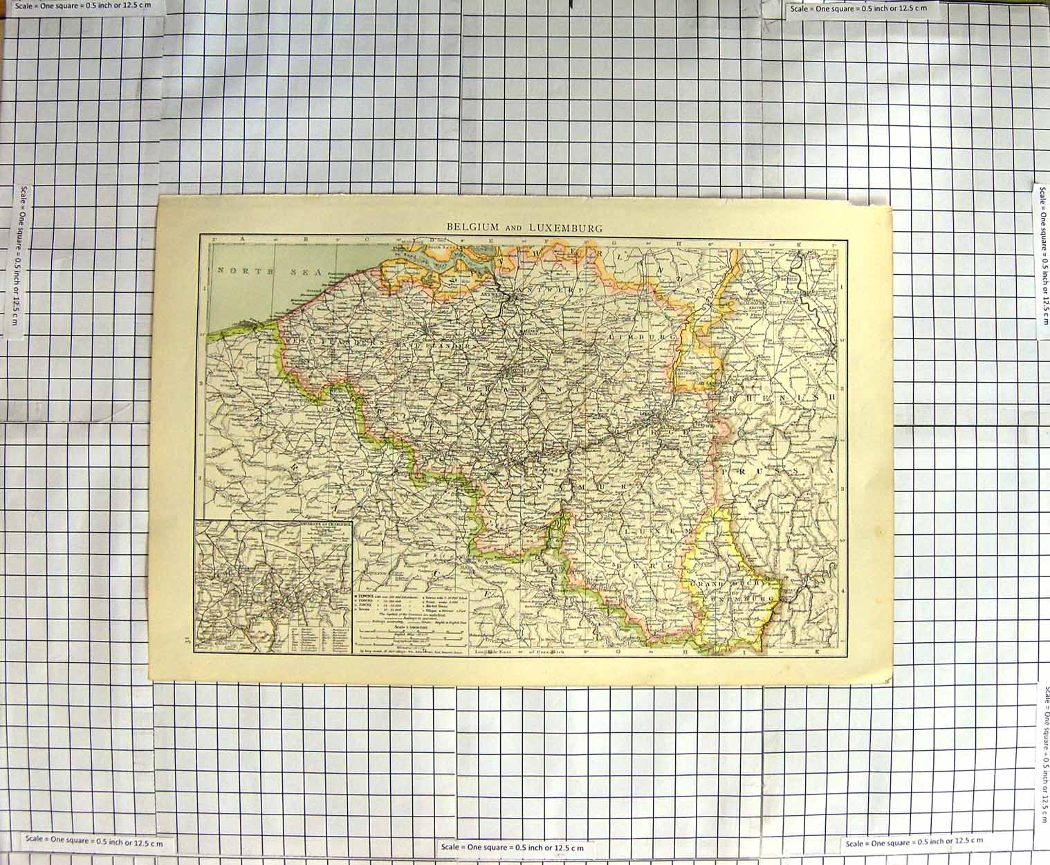 Original Old Antique Print Map Belgium Luxemburg Charlerol Prussia Namura