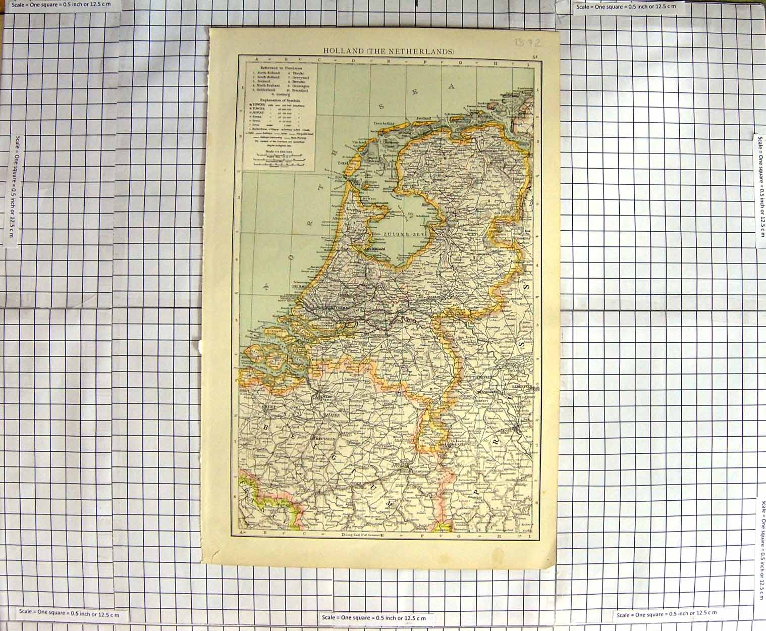Original Old Antique Print Map 1892 Holland Netherlands Amsterdam Liege 19th
