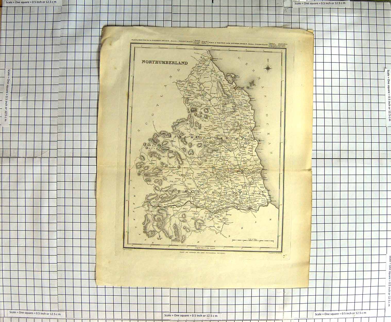 Original Old Antique Print Map Northumberland Walker Creighton Morpeth