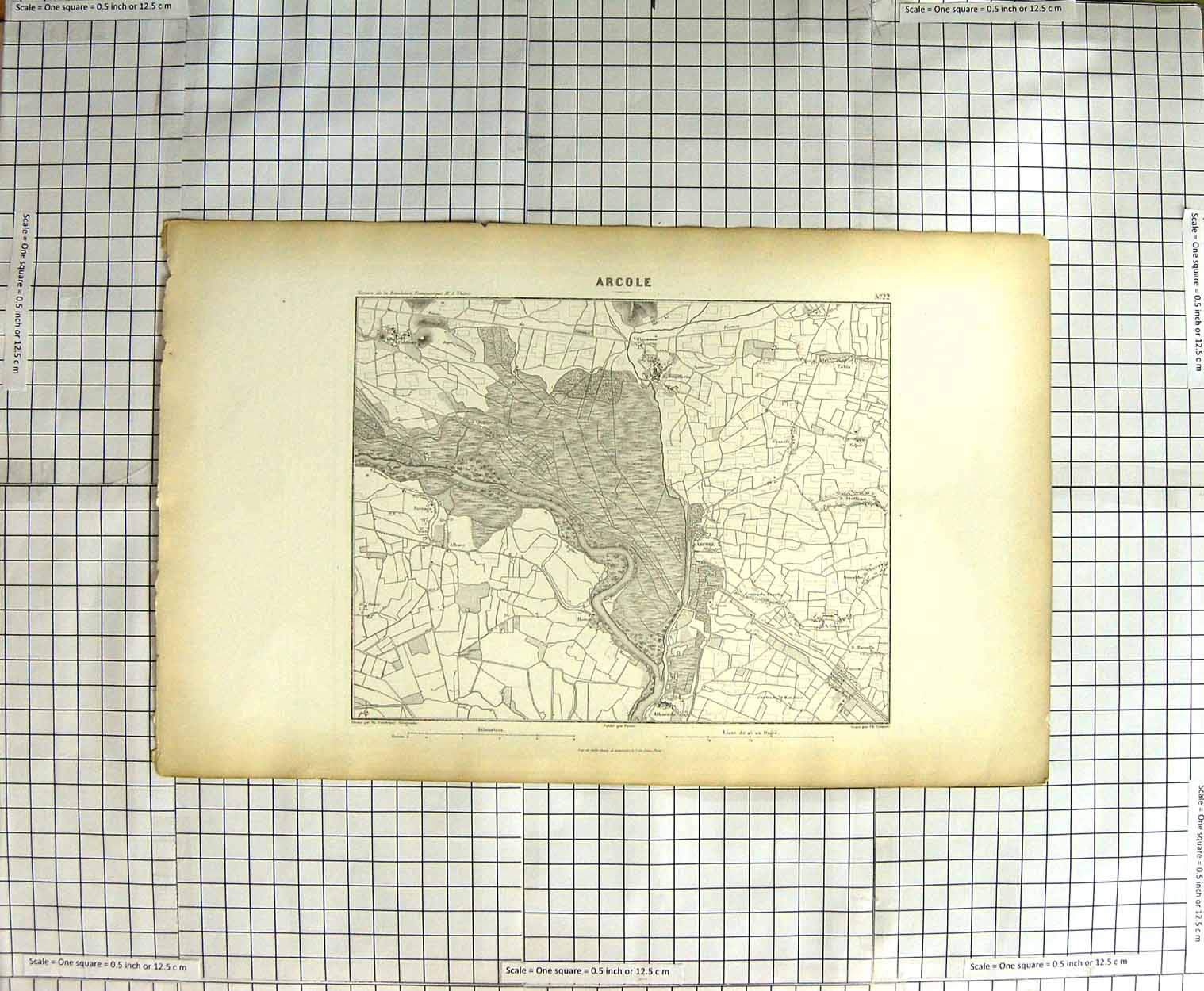 Original Old Antique Print Map Pan Arcole River Adige Albaro Dyonnet