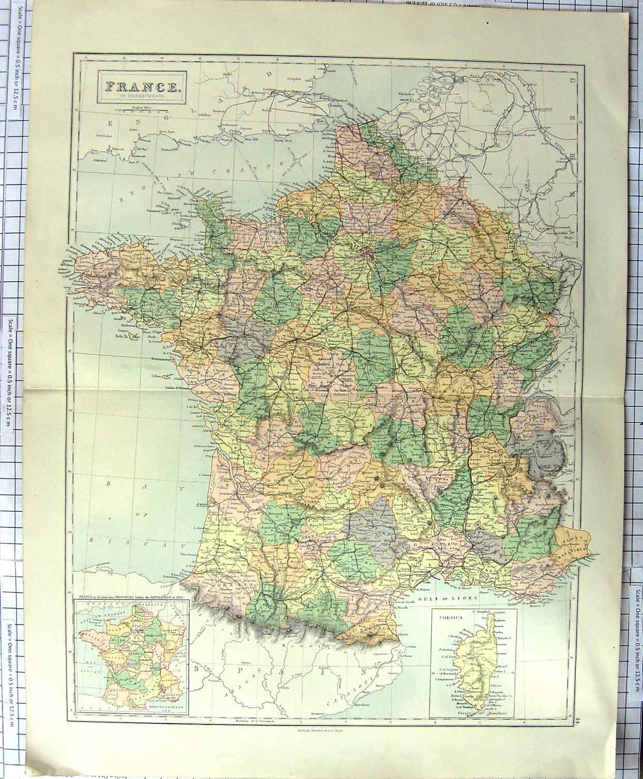 Original Old Antique Print Map C1790-C1900 France Corsica Bay Biscay 18th