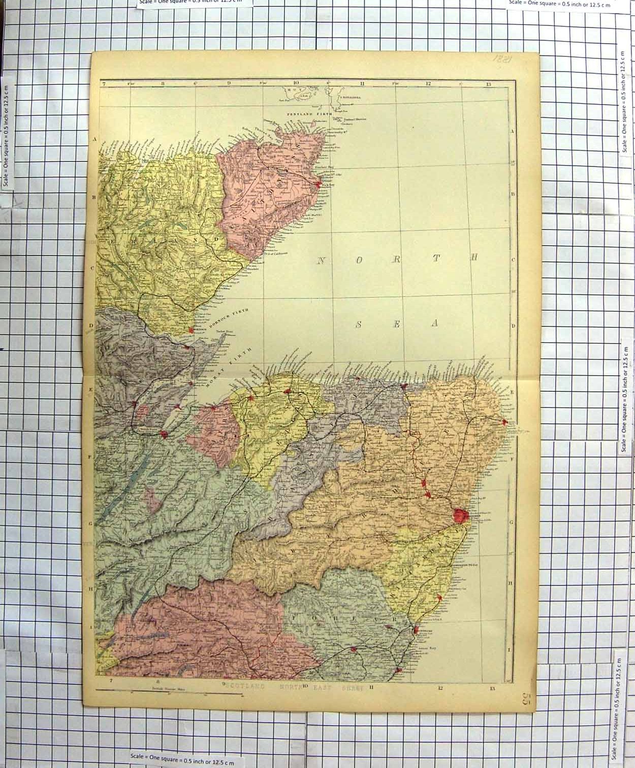 Original Old Antique Print Map 1881 Scotland Caithness Moray Firth Motrose 19th