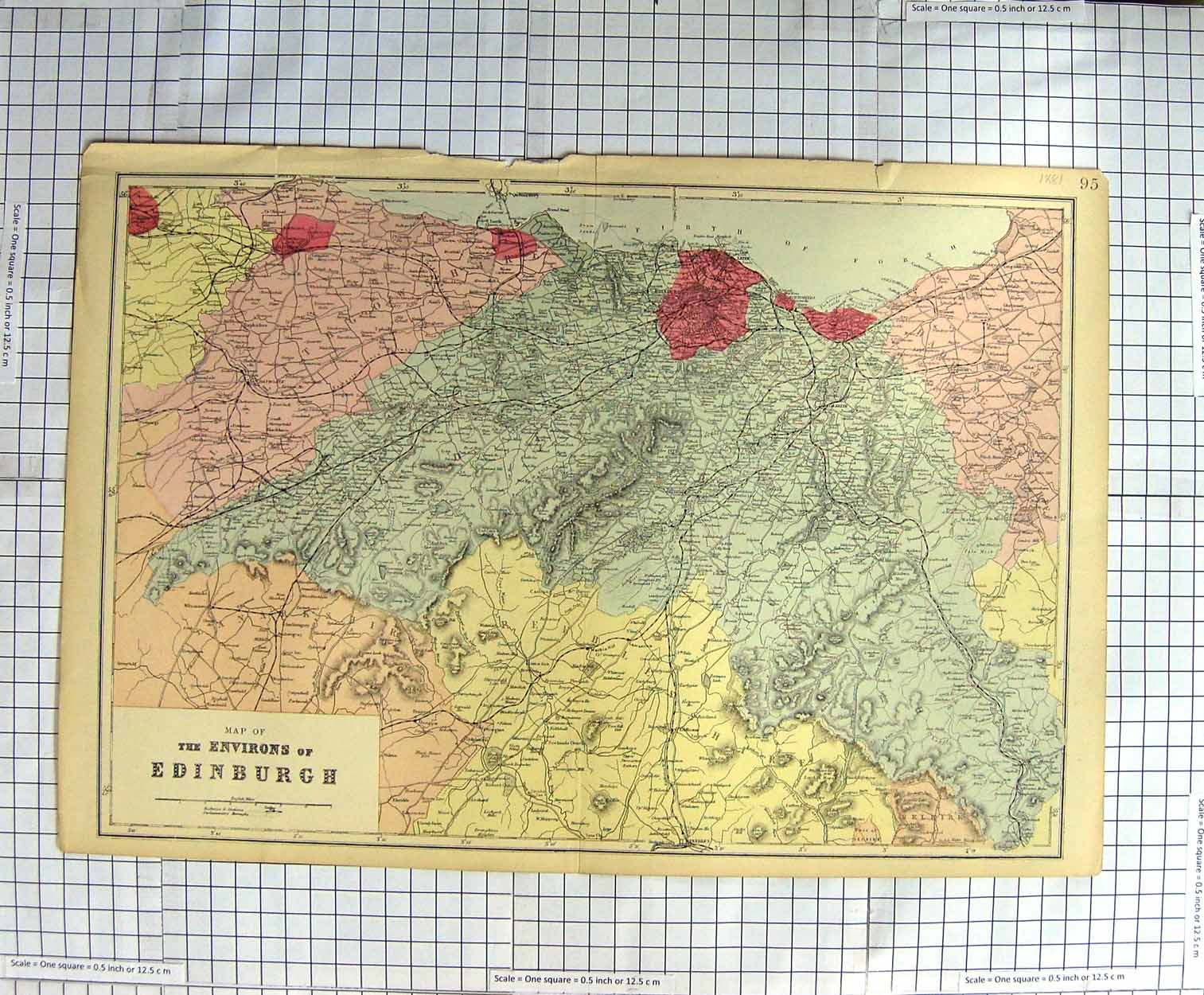 Original Old Antique Print Map 1881 Environs Edinburgh Scotland Forth Victorian