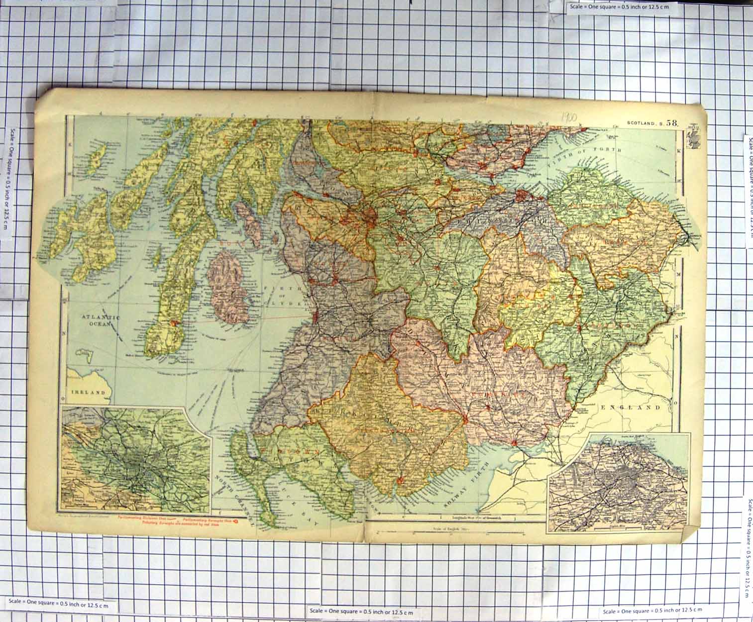 Original Old Antique Print Map 1900 South Scotland Glasgow Edinburgh Victorian