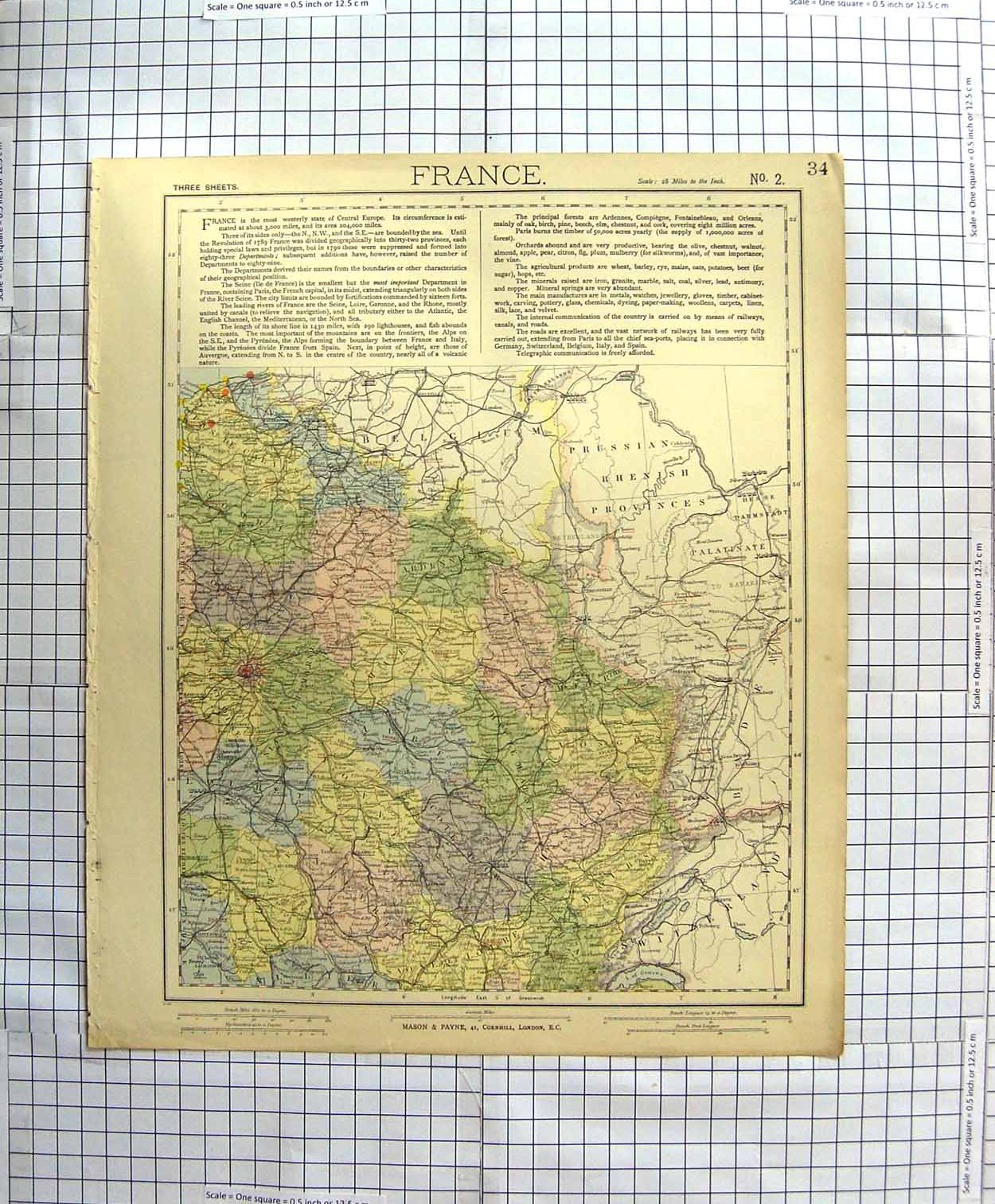 Original Old Antique Print Map C1790-C1900 France Paris Dijon Moulins 18th