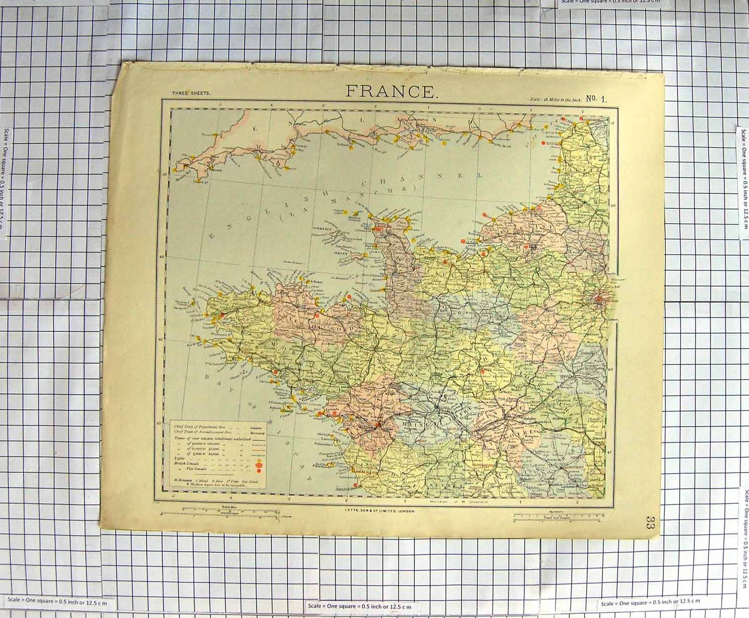 Original Old Antique Print Map C1790-C1900 France English Channel Paris 18th