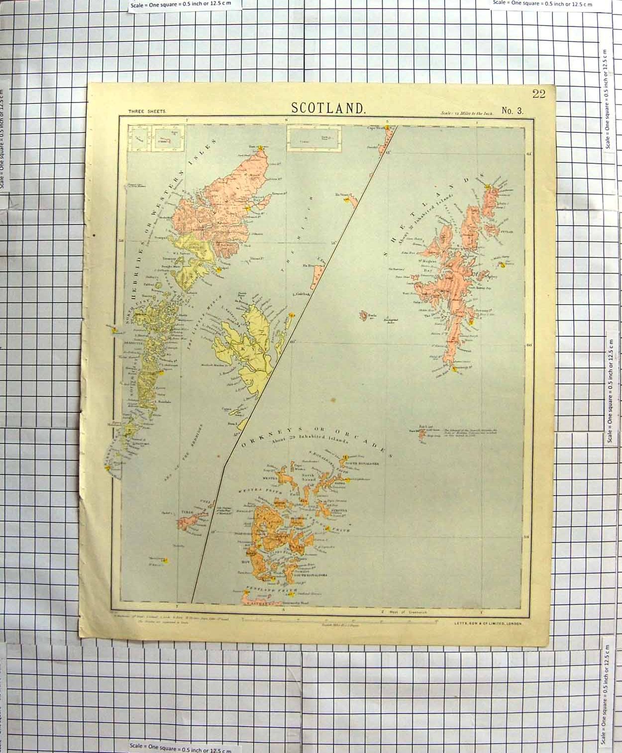 Original Old Antique Print Ref.624 Map C1790-C1900 Scotland Orkney Shetland