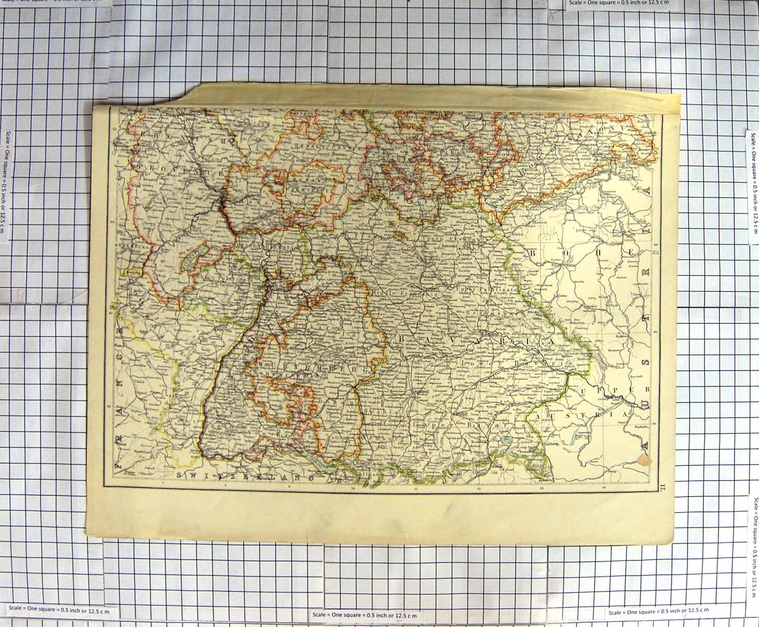 Original Old Antique Print Map C1790-C1900 Bavaria Wurtemburg Switzerland 18th