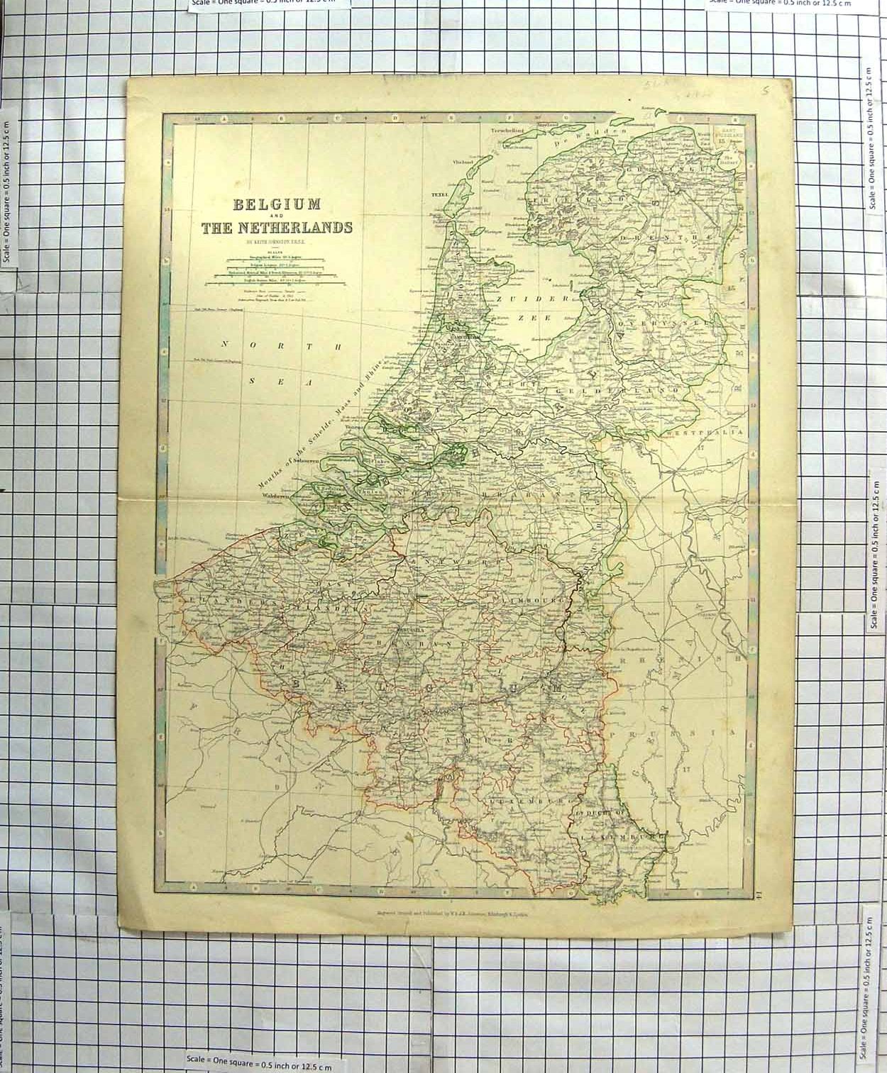Original Old Antique Print Johnston Map C1790-C1900 Belgium Netherlands 18th