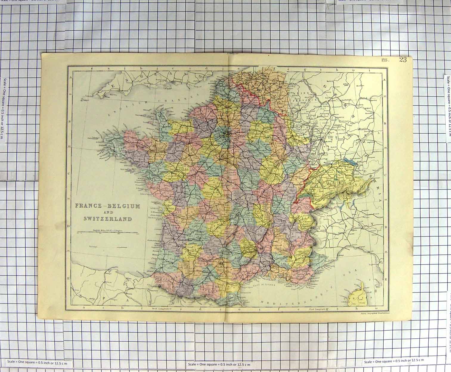 Original Old Antique Print Map C1790-C1900 France Belgium Switzerland 18th