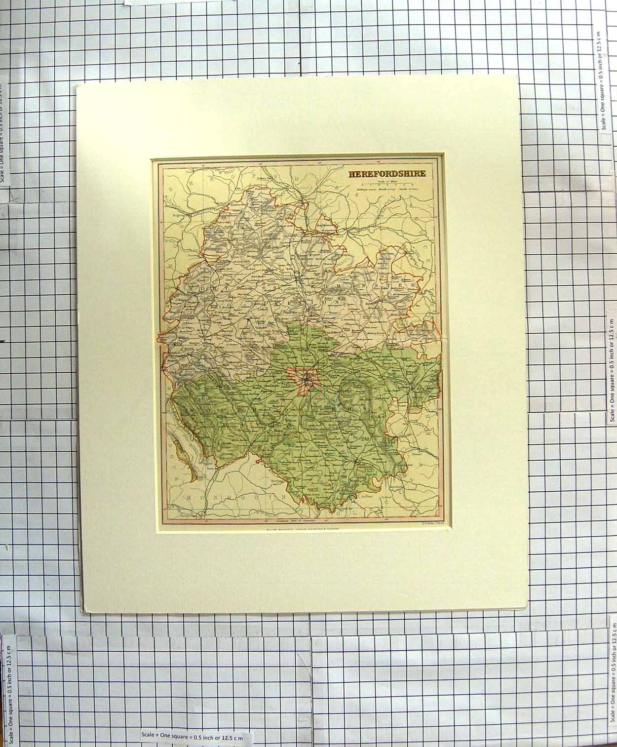 Original Old Antique Print Weller Map C1790-C1900 Herefordshire England 18th