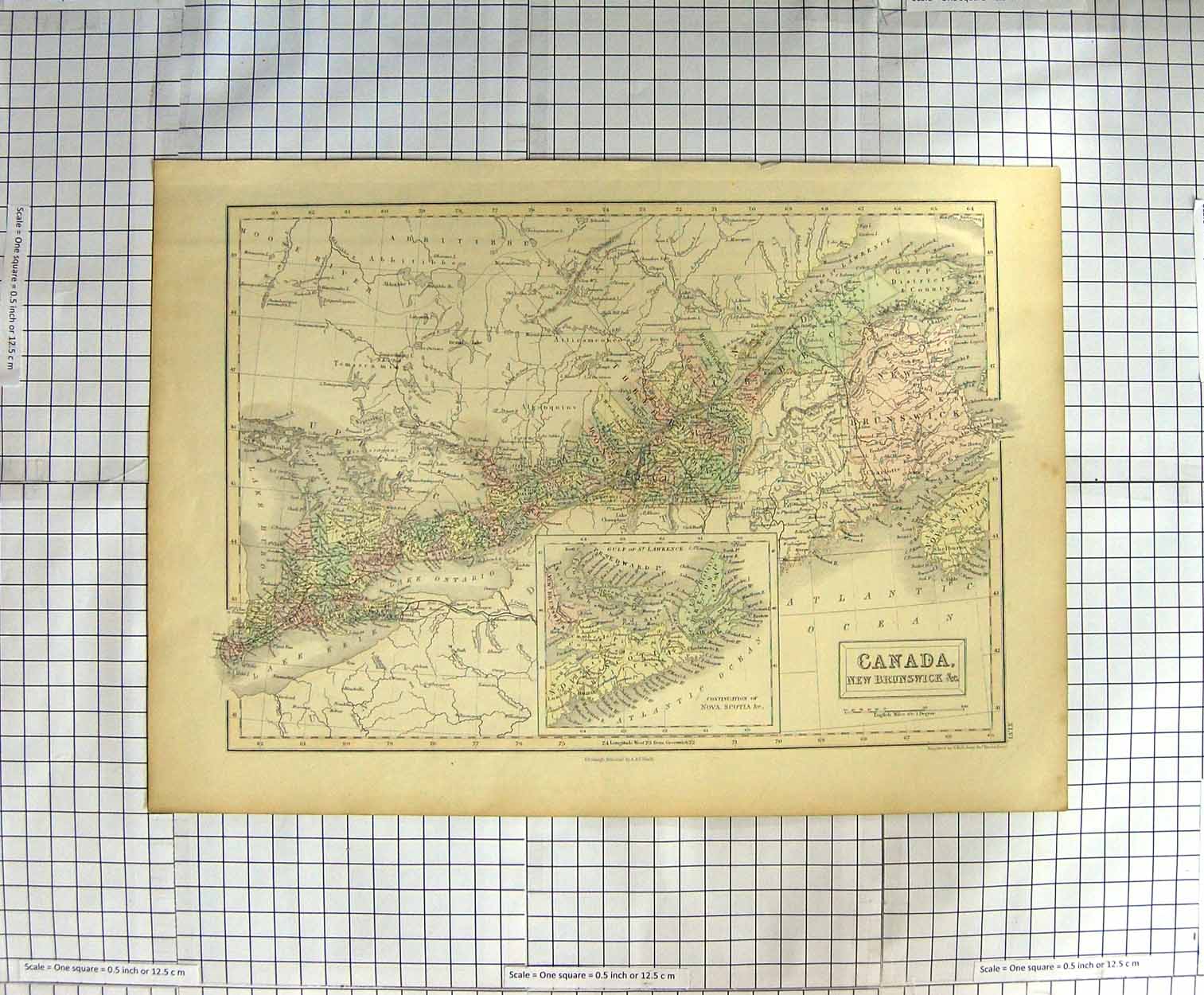 Original Old Antique Print Hall Map C1790-C1900 Canada New Brunswick Nova 18th