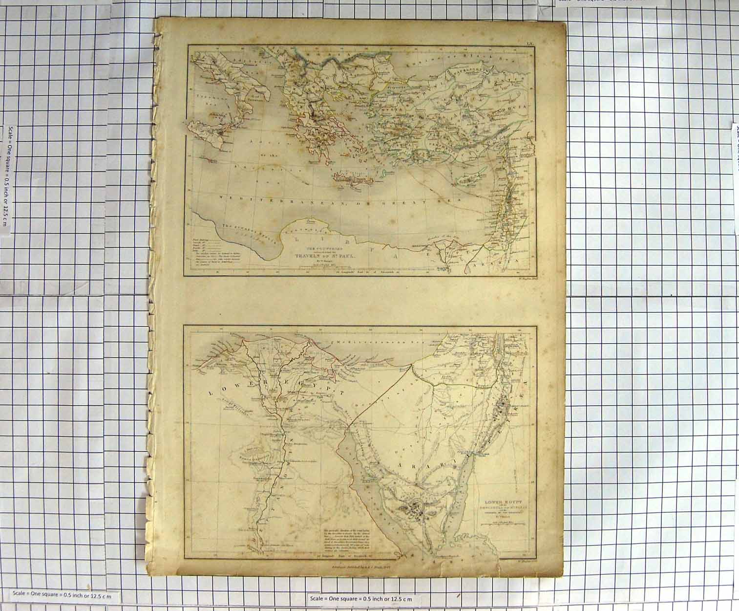 Original Old Antique Print Map 1843 Hughes St. Paul Egypt Italy Arabia 19th