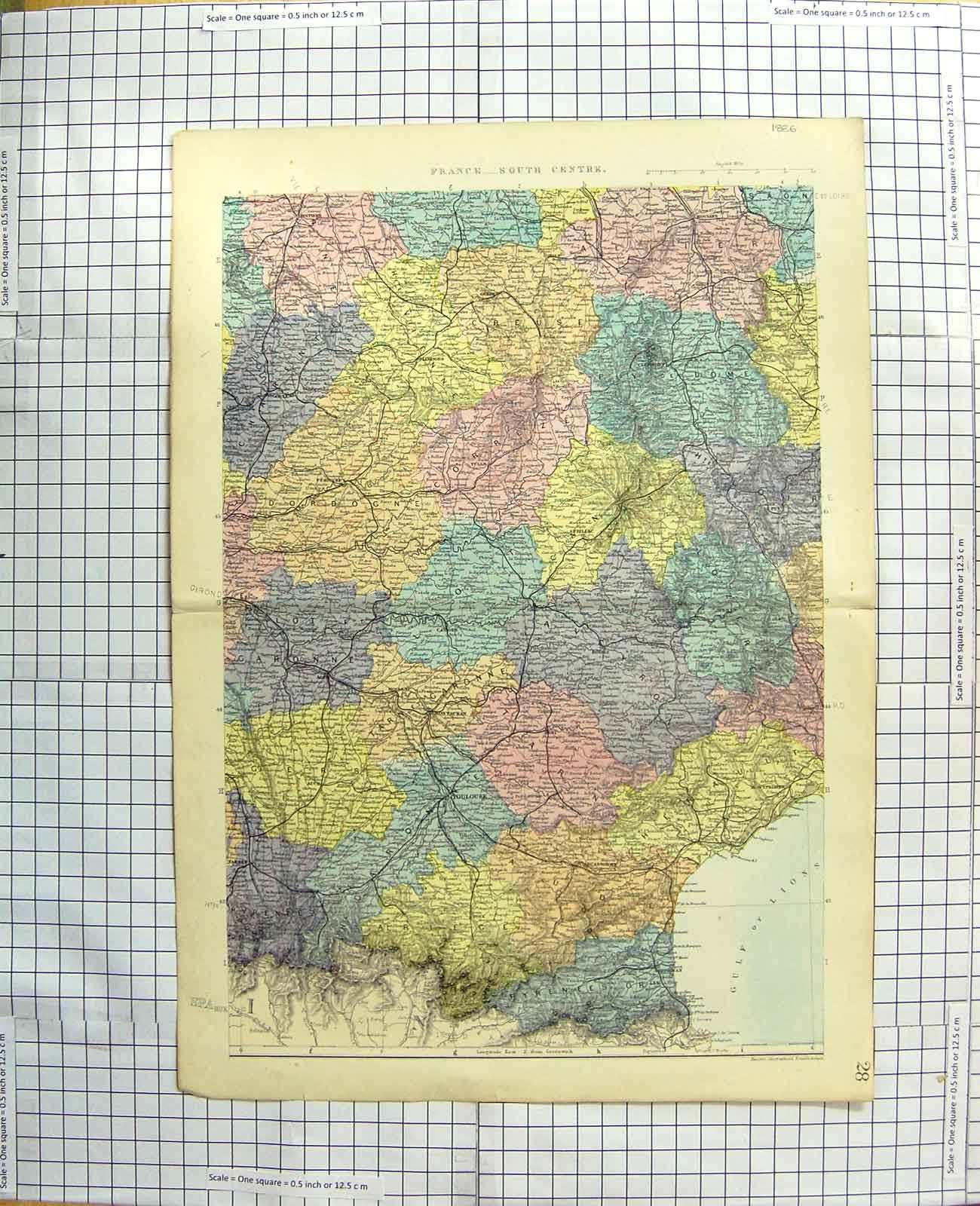 Original Old Antique Print Map 1886 France Gulf Lions Toulouse Limoges 19th