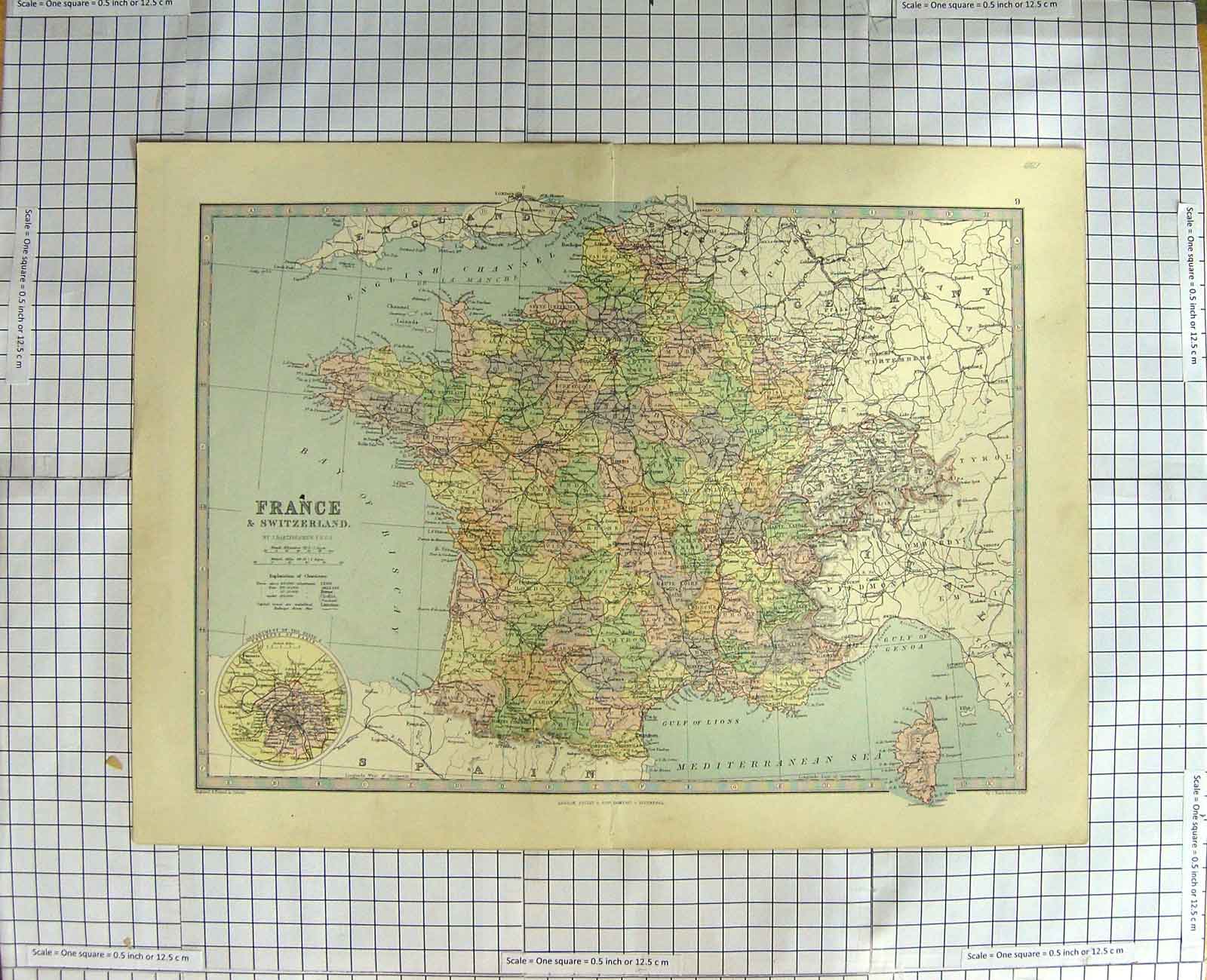 Original Old Antique Print Bartholomew Map 1881 France Switzerland Victorian