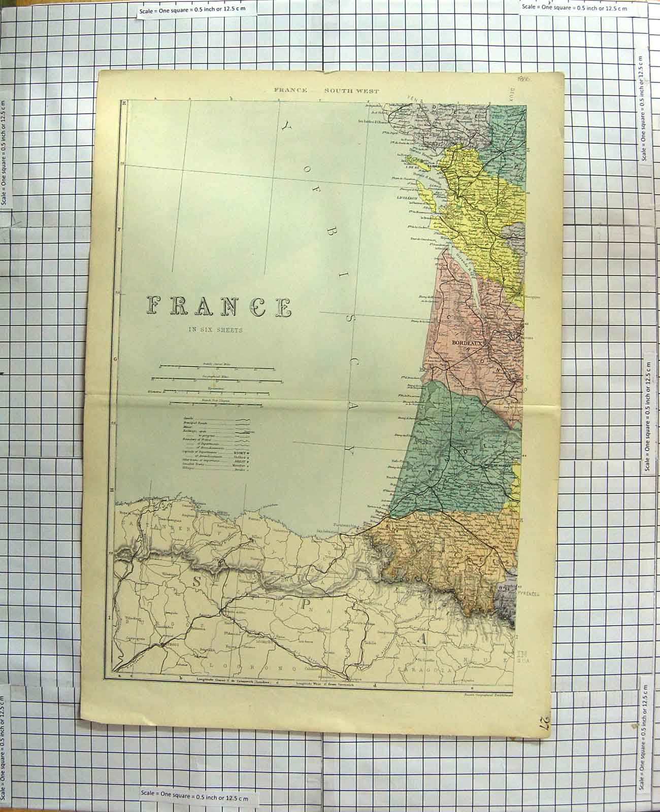 Original Old Antique Print Map 1886 France Bay Biscay Bordeaux 19th