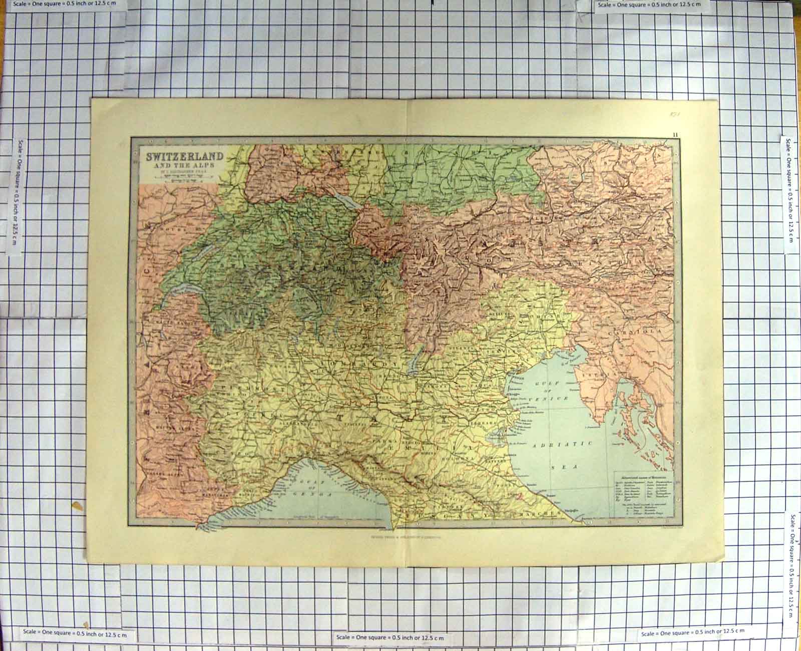 Original Old Antique Print Bartholomew Map 1881 Switzerland Alps Venice 19th