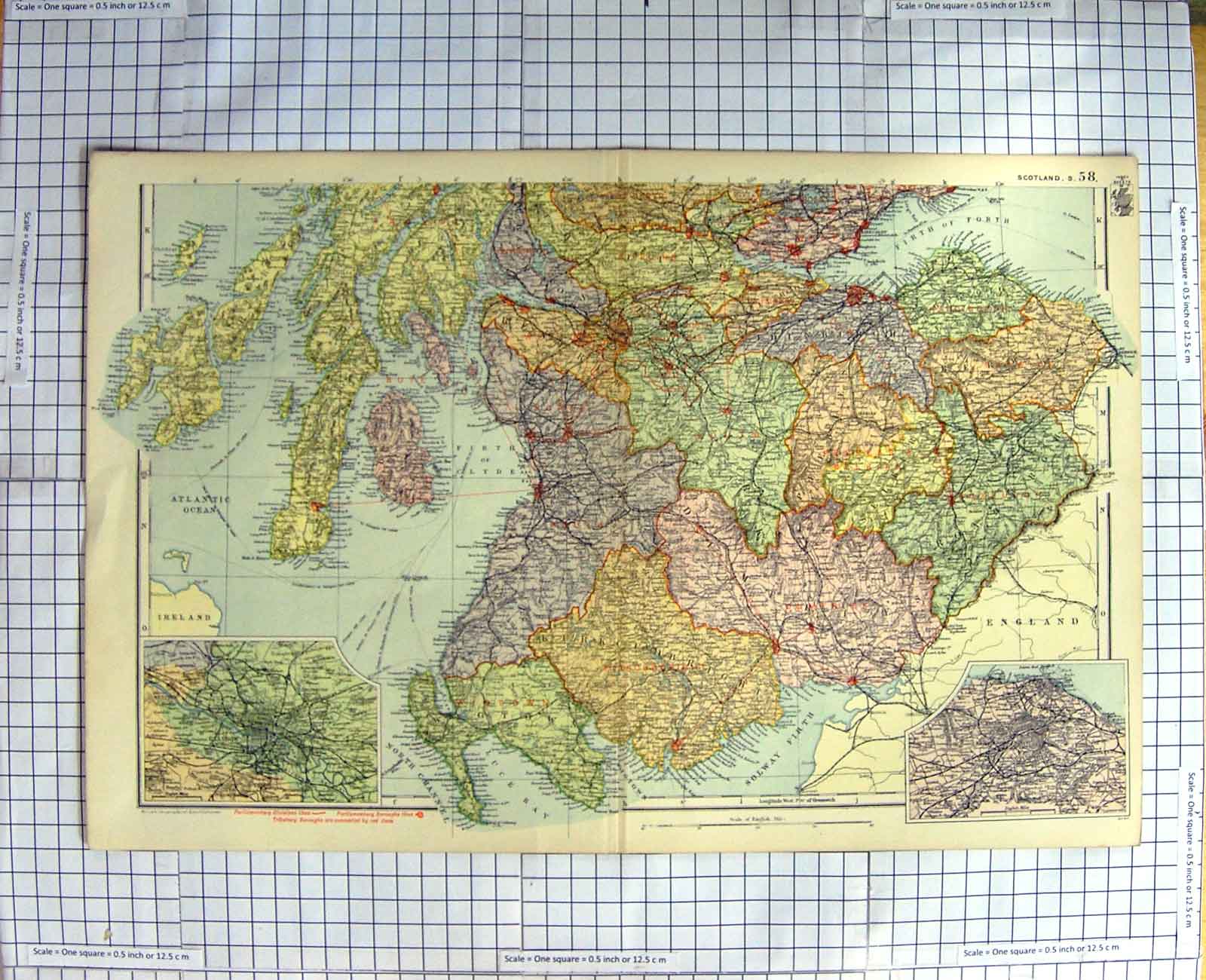 Original Old Antique Print Map C1900 Scotland Edinburgh Glasgow Firth Victorian