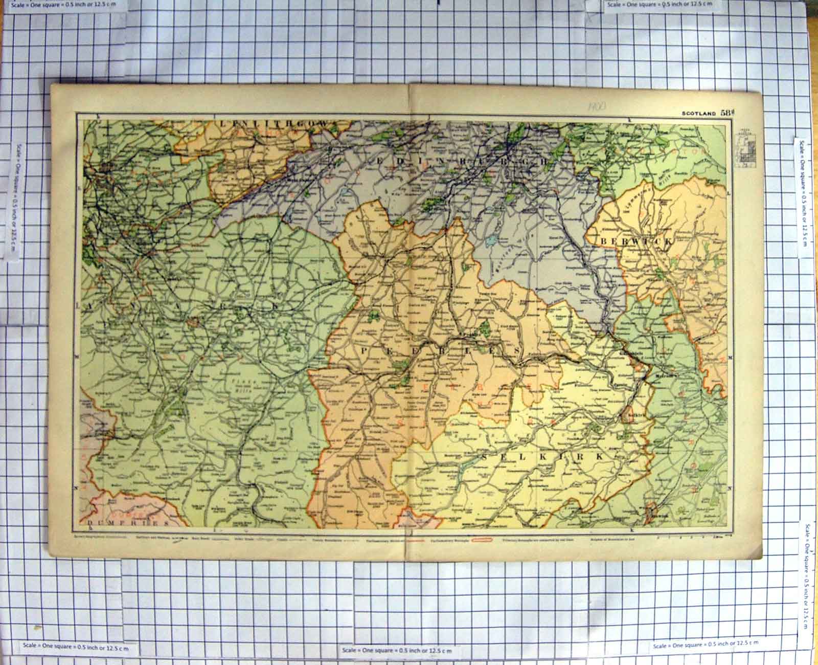 Original Old Antique Print Map 1900 Scotland Edinburgh Berwick Lanark Victorian