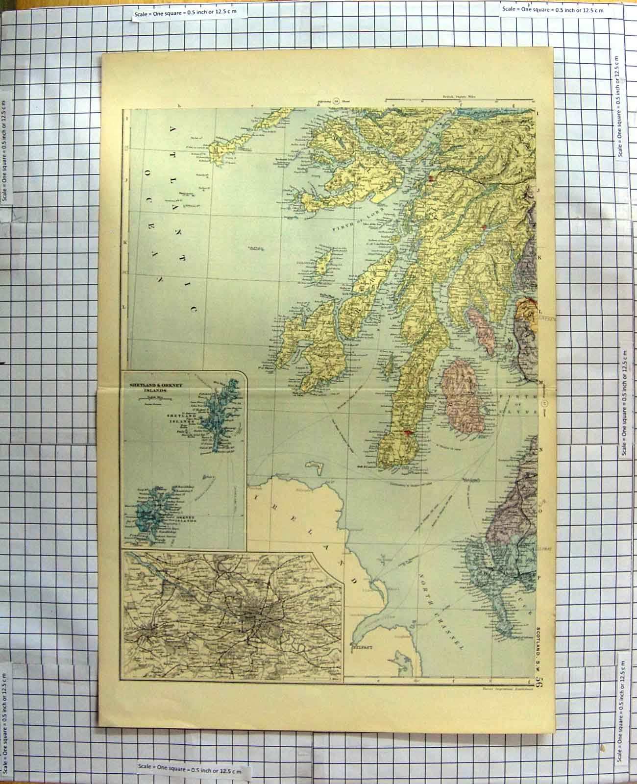 Original Old Antique Print Map C1900 Scotland Shetland Orkney Glasgow Victorian