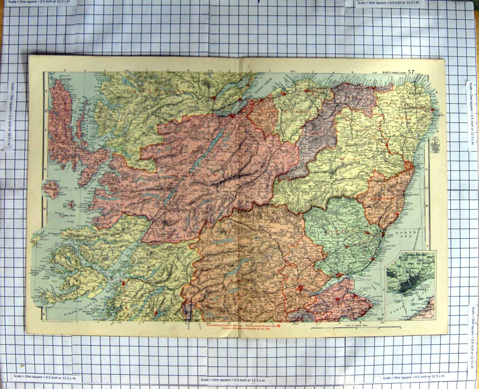 Original Old Antique Print Map C1900 Scotland Dundee Inverness Perth Victorian