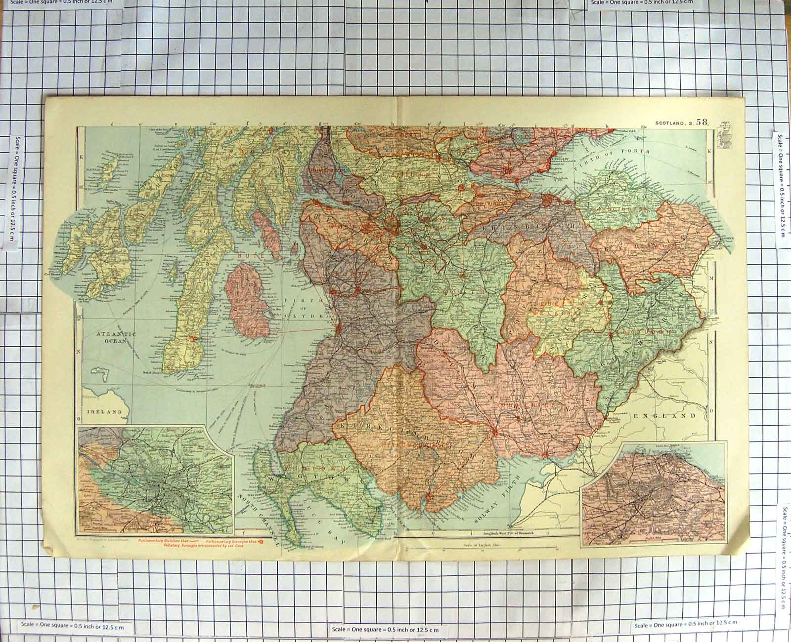 Original Old Antique Print Map C1900 Scotland Edinburgh Glasgow Solway 20th