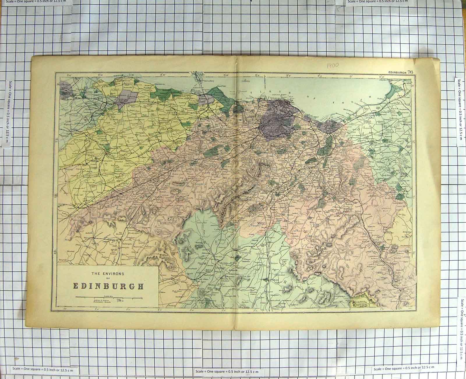 Original Old Antique Print Map 1900 Environs Edinburgh Firth Forth Victorian