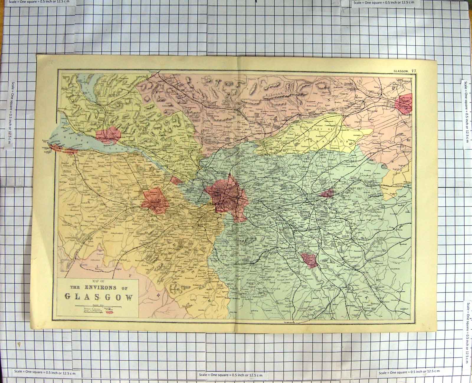 Original Old Antique Print Map C1790-C1900 Environs Glasgow Scotland 18th