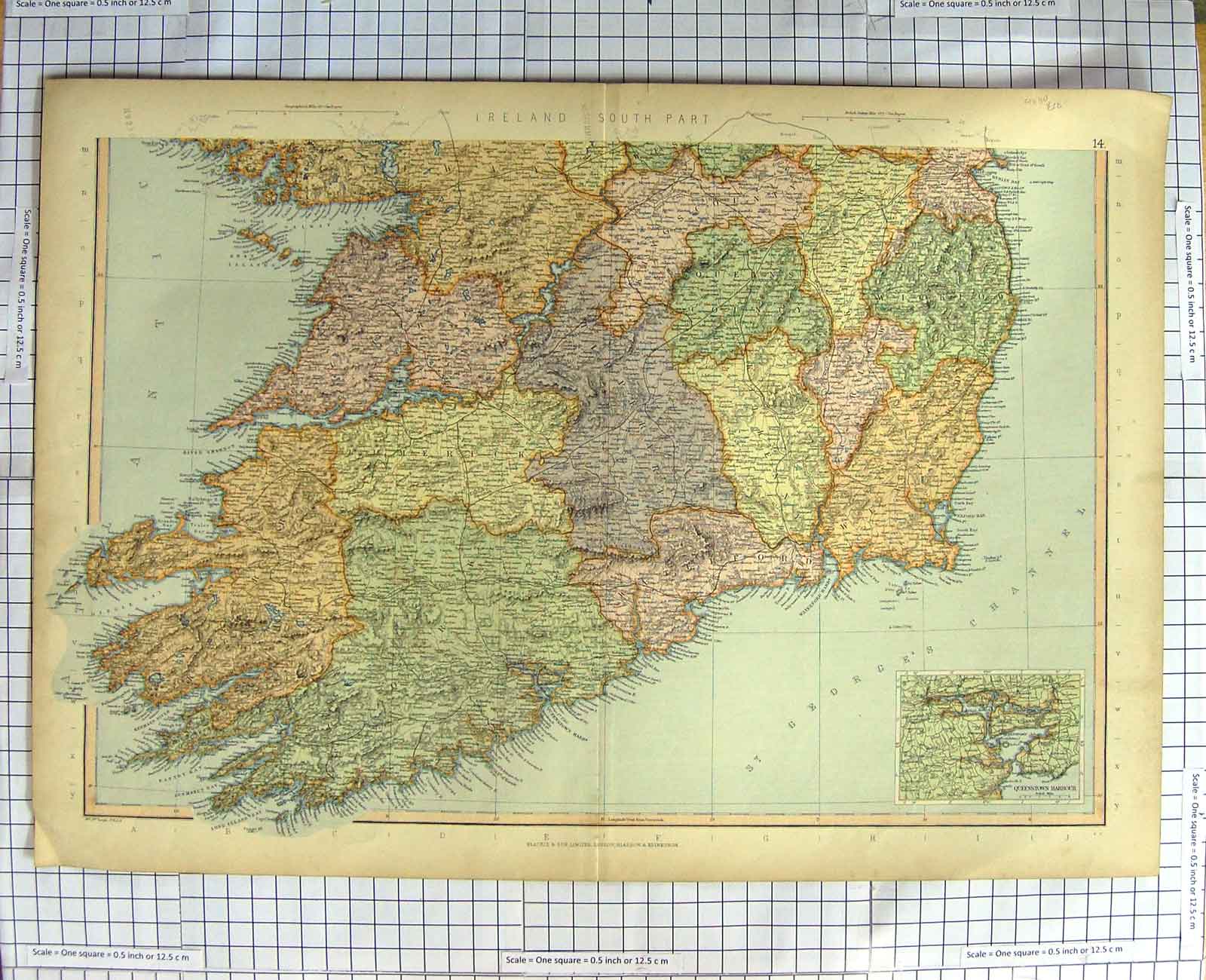 Original Old Antique Print Map C1790-C1900 Southern Ireland Queenstown 18th