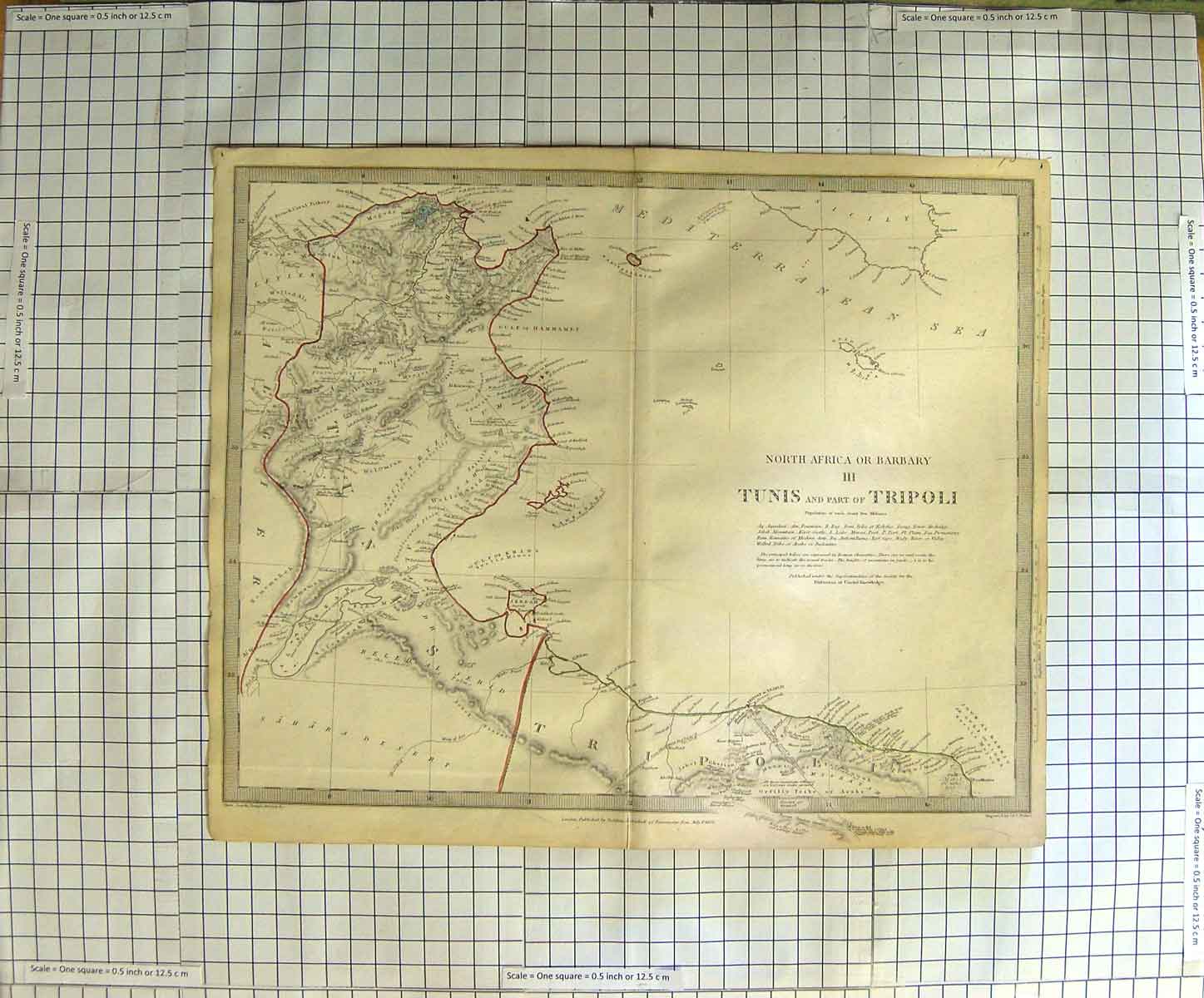 Original Old Antique Print Ref.637 Walker Map 1836 North Africa Tunis Tripoli
