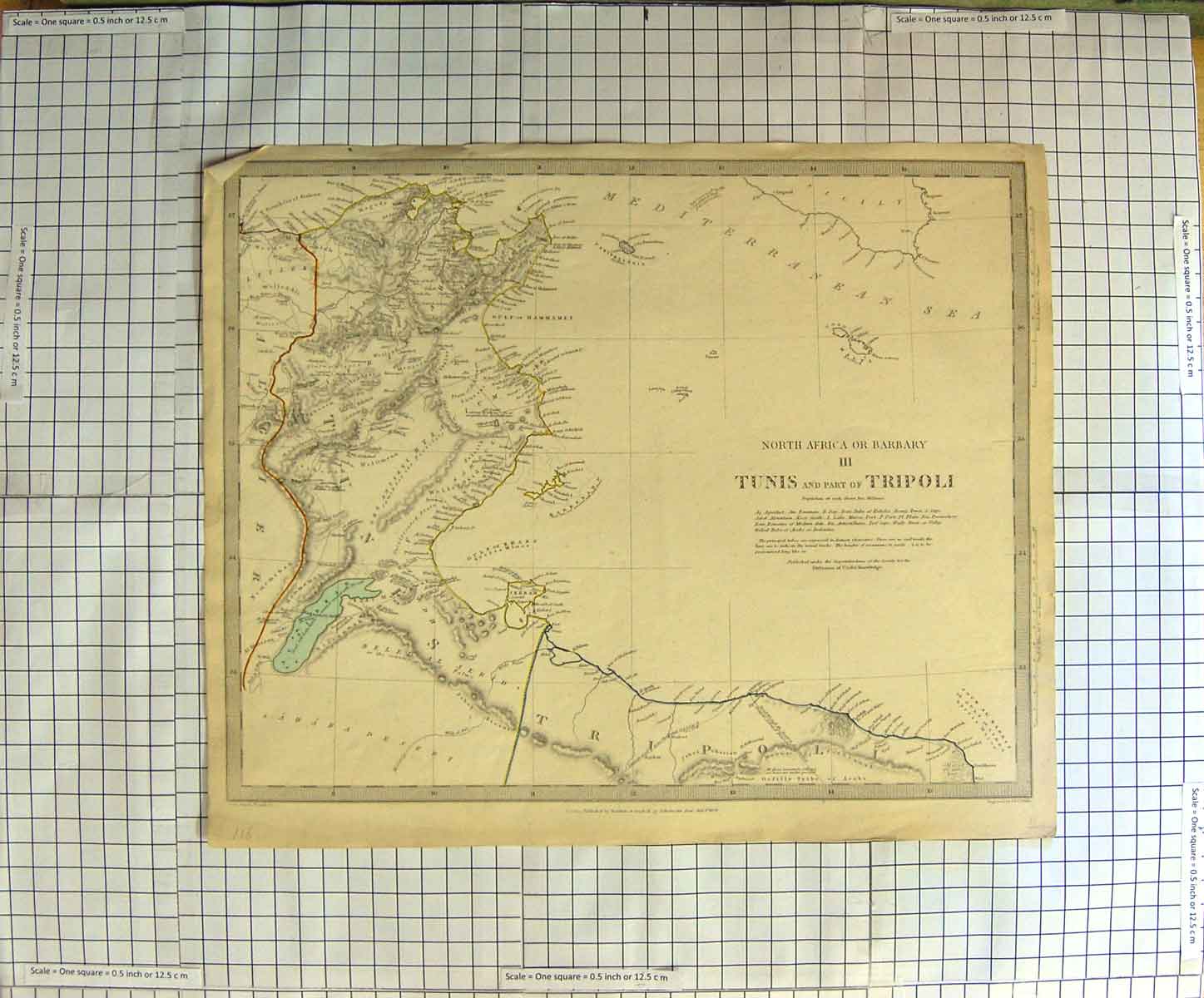Original Old Antique Print Walker Map 1836 North Africa Tunis Tripoli 19th