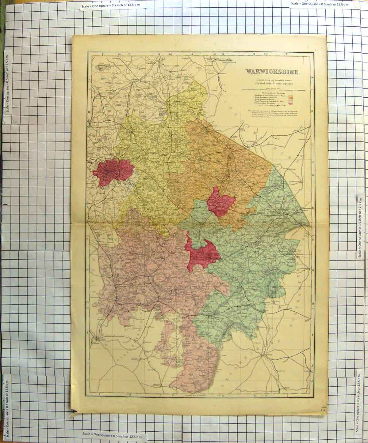 Original Old Antique Print Map C1900 Warwickshire England Warwick Victorian