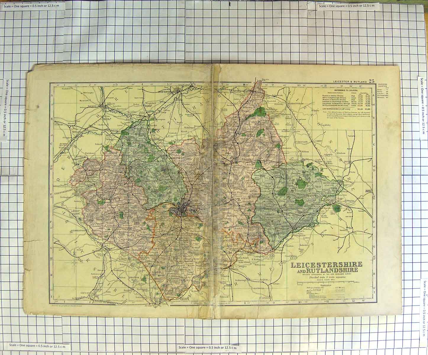 Original Old Antique Print Damaged Map 1895 Leicestershire Rutlandshire 19th