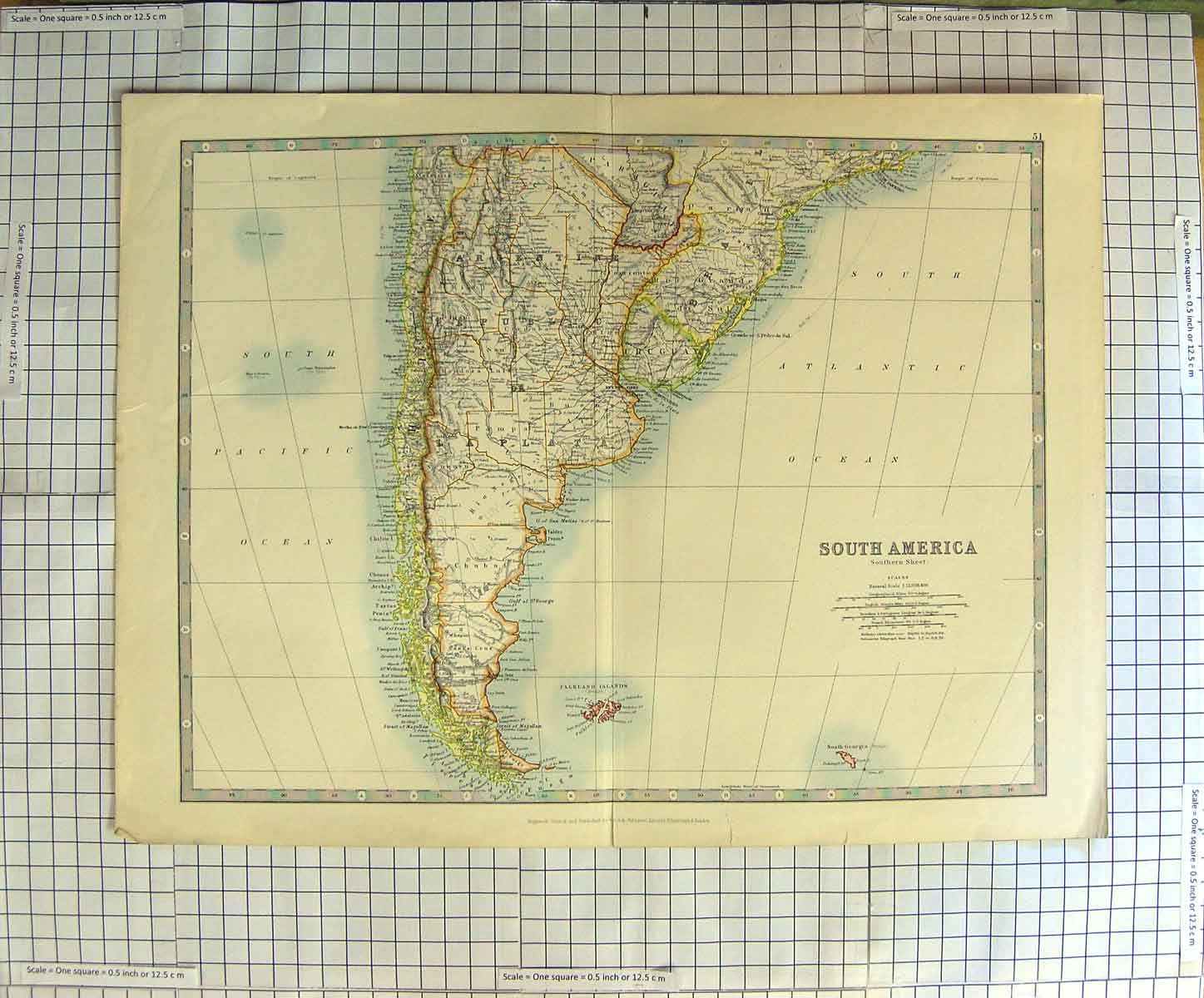 Original Old Antique Print Johnston Map C1790-C1900 South America Falkland 18th