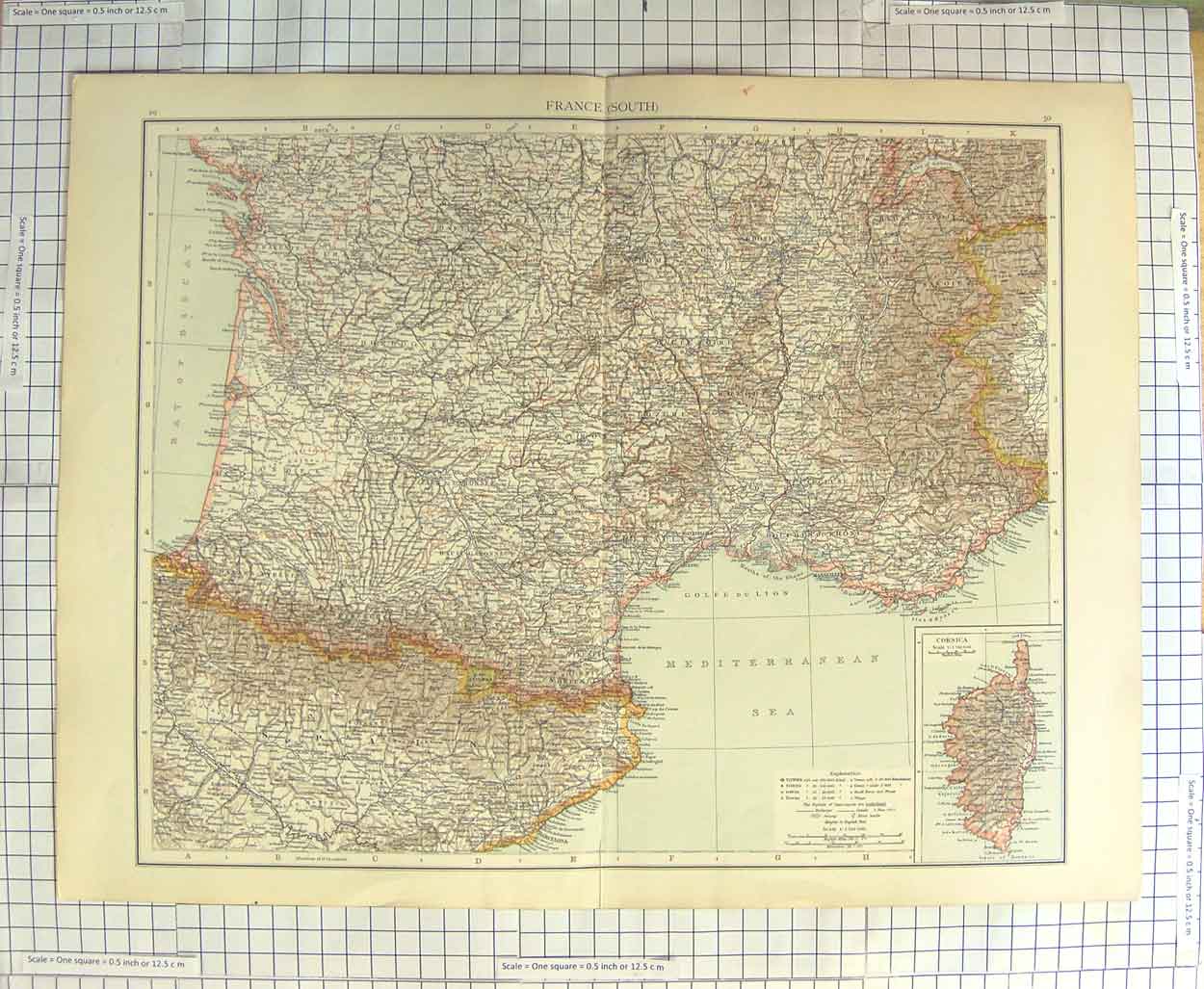 Original Old Antique Print Map C1900 France Corsica Spain Mediterranean 20th